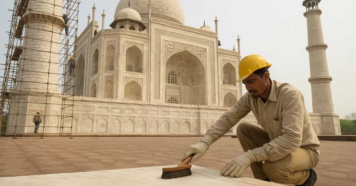 Taj Mahal restoration showing expert applying protective solution to aging marble, highlighting heritage preservation efforts